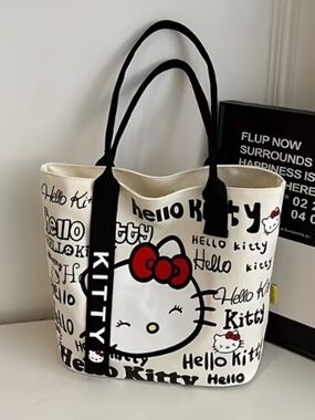 Hello Kitty Canvas Tote in White with Red Bow and Black Straps
